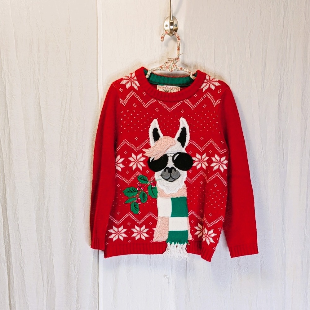 LLAMA CHRISTMAS SWEATER Knit Funny Festive Holiday Appliqué Size Youth Size 6X